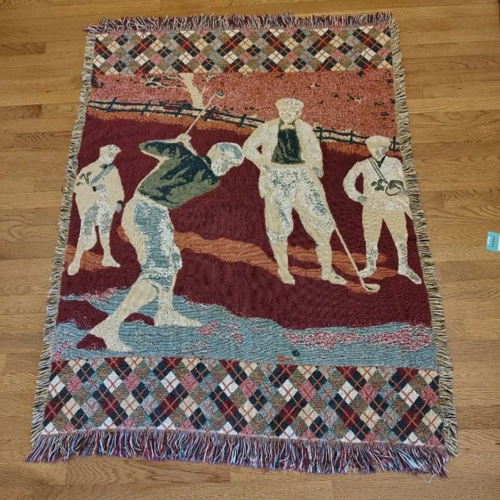 Vtg Golf Scene Woven Knit Throw Blanket Fringe Argyle Pattern 45x60” Warm Cozy